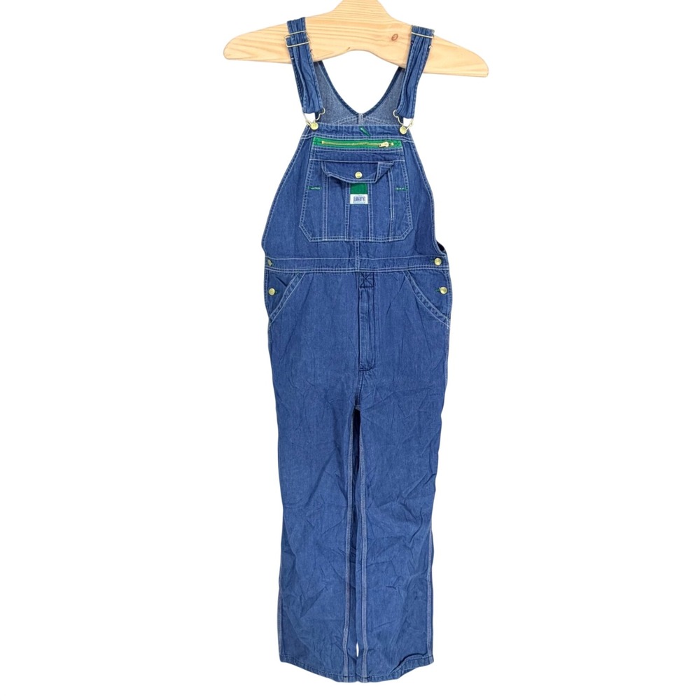 Y2K Liberty Bib Overalls 34x32 Blue Denim Green Zipper Workwear Dungarees